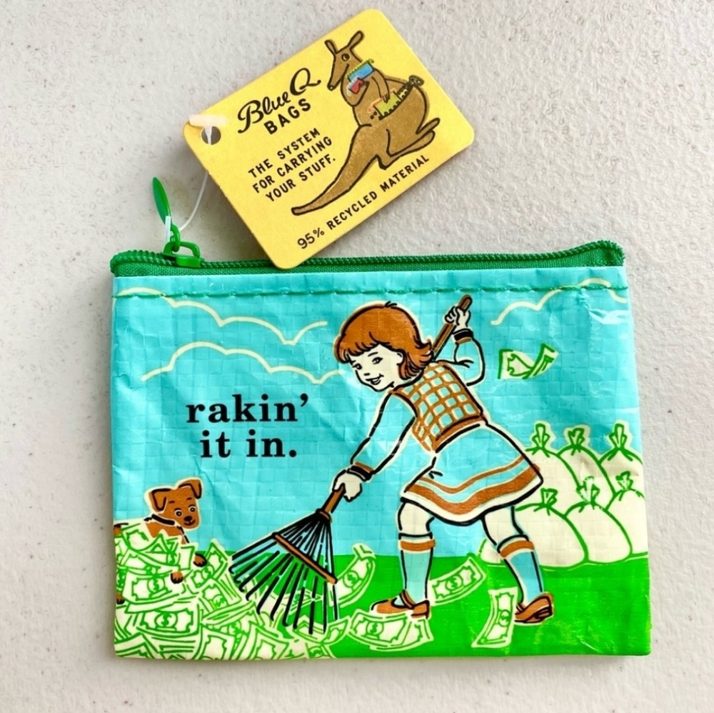 New with Tag Blue Q Bags Rakin' It In Zippered Change Coin Purse